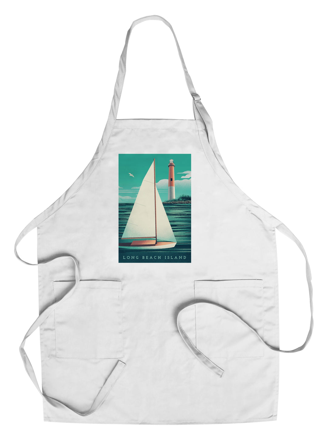 Long Beach Island, New Jersey, Beaming Lighthouse Collection, Lighthouse and Sailboat at Daylight, Towels and Aprons Kitchen Lantern Press Chef's Apron 