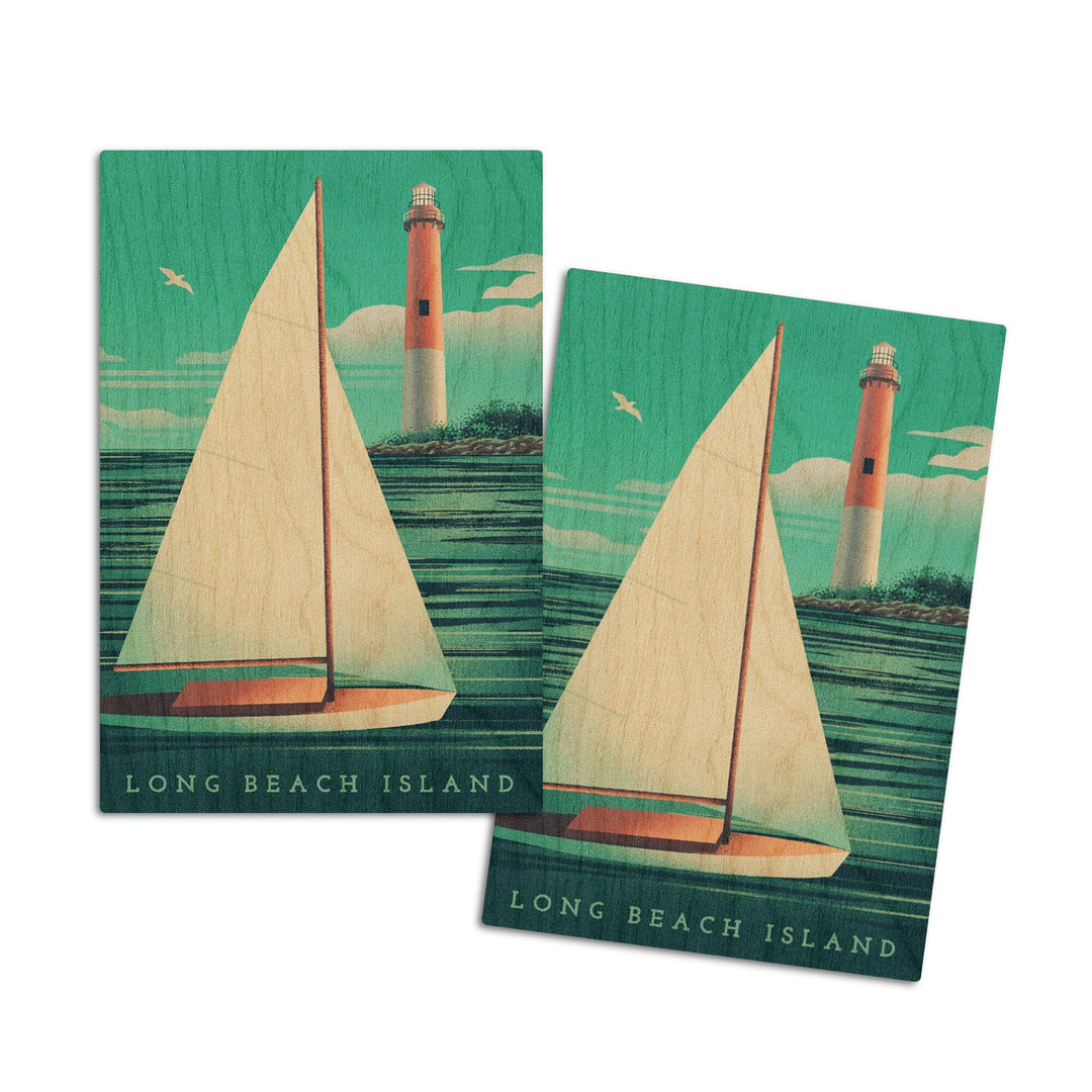 Long Beach Island, New Jersey, Beaming Lighthouse Collection, Lighthouse and Sailboat at Daylight, Wood Signs and Postcards Wood Lantern Press 4x6 Wood Postcard Set 