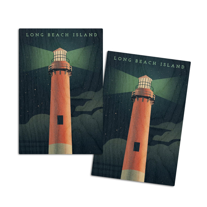 Long Beach Island, New Jersey, Beaming Lighthouse Collection, Lighthouse at Night, Wood Signs and Postcards Wood Lantern Press 4x6 Wood Postcard Set 