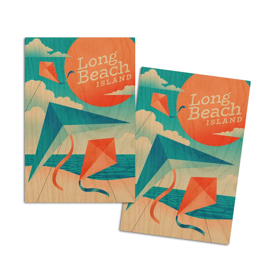 Long Beach Island, New Jersey, Sun-faded Shoreline Collection, Kites on Beach, Wood Signs and Postcards Wood Lantern Press 4x6 Wood Postcard Set 