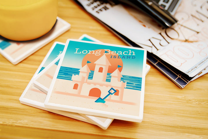 Long Beach Island, New Jersey, Sun-faded Shoreline Collection, Sand Castle on Beach, Coaster Set Coasters Lantern Press 