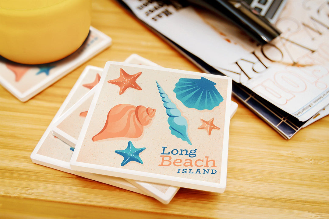 Long Beach Island, New Jersey, Sun-faded Shoreline Collection, Shells on Beach, Coaster Set Coasters Lantern Press 