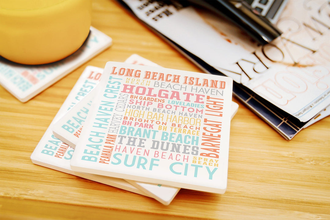 Long Beach Island, New Jersey, Typography (white), Lantern Press Artwork, Coaster Set Coasters Lantern Press 