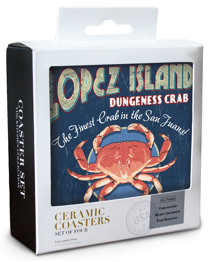 Lopez Island, Washington, Dungeness Crab Vintage Sign, Lantern Press Poster, Coaster Set Coasters Lantern Press 