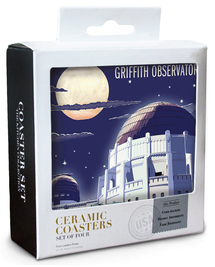Los Angeles, California, Griffith Observatory at Night, Lantern Press Artwork, Coaster Set Coasters Lantern Press 