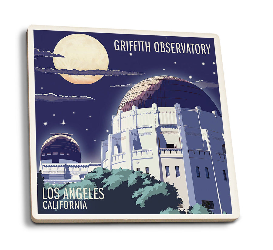 Los Angeles, California, Griffith Observatory at Night, Lantern Press Artwork, Coaster Set Coasters Lantern Press 