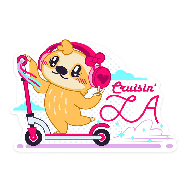 Los Angeles, California, Sloth On Scooter, Wireless, Kawaii Style, Contour Sticker Lantern Press 