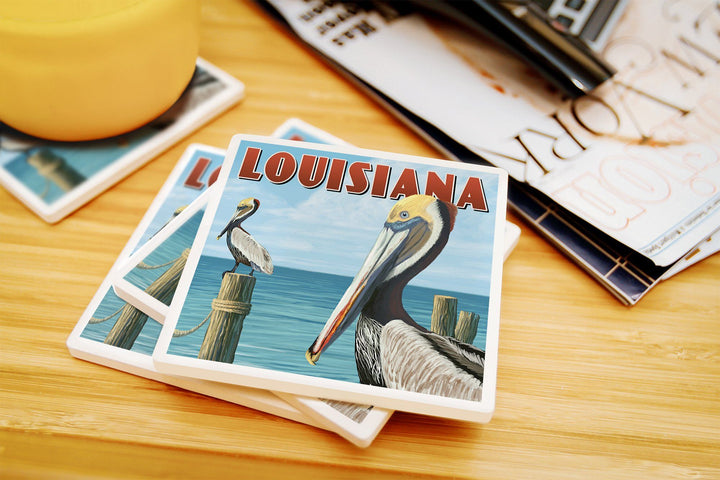 Louisiana, Brown Pelicans, Lantern Press Artwork, Coaster Set Coasters Lantern Press 