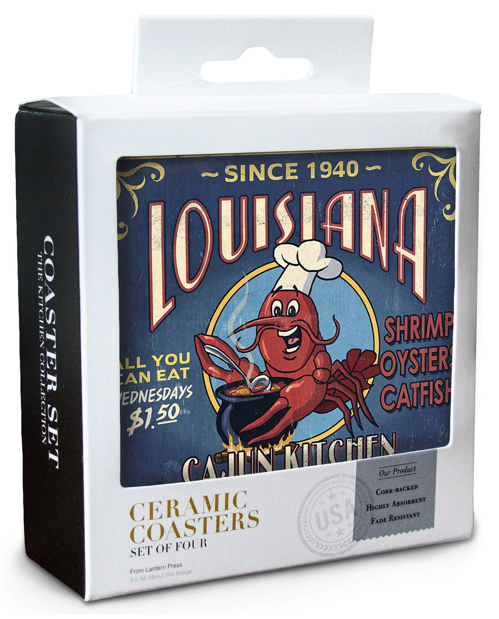 Louisiana, Cajun Kitchen Crawfish Vintage Sign, Lantern Press Artwork, Coaster Set Coasters Lantern Press 