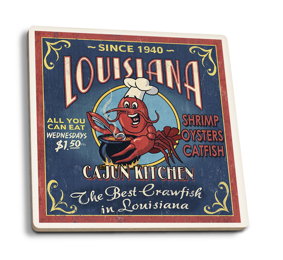 Louisiana, Cajun Kitchen Crawfish Vintage Sign, Lantern Press Artwork, Coaster Set Coasters Lantern Press 