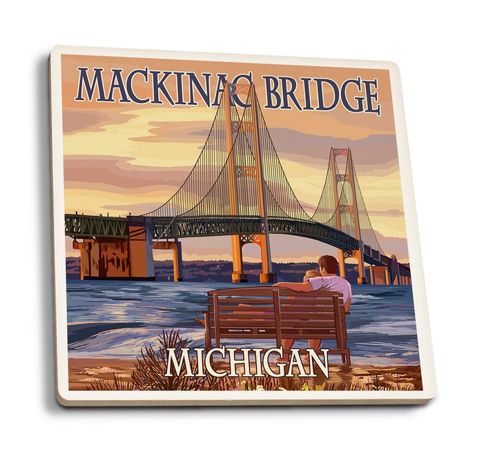 Mackinac, Michigan, Mackinac Bridge & Sunset, Lantern Press Artwork, Coaster Set Coasters Lantern Press 