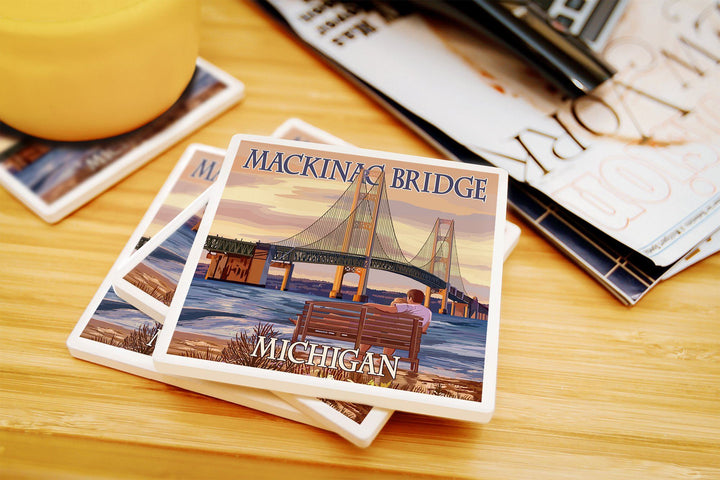 Mackinac, Michigan, Mackinac Bridge & Sunset, Lantern Press Artwork, Coaster Set Coasters Lantern Press 