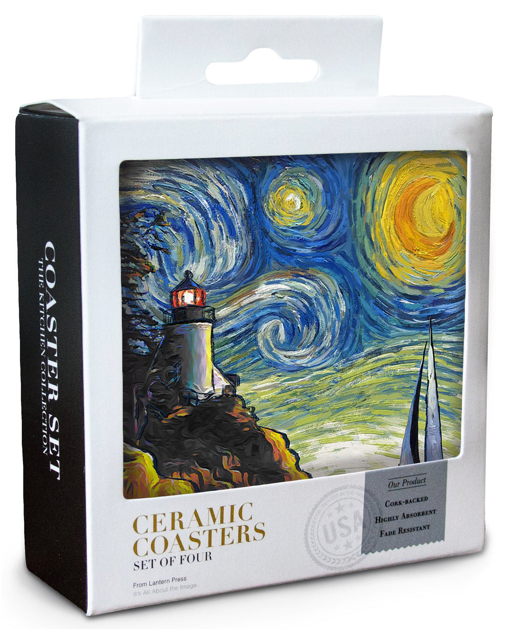 Maine, Bass Harbor Lighthouse, Starry Night, Lantern Press Artwork, Coaster Set Coasters Lantern Press 