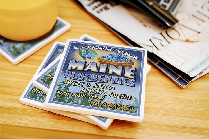 Maine, Blueberries Vintage Sign, Lantern Press Artwork, Coaster Set Coasters Lantern Press 