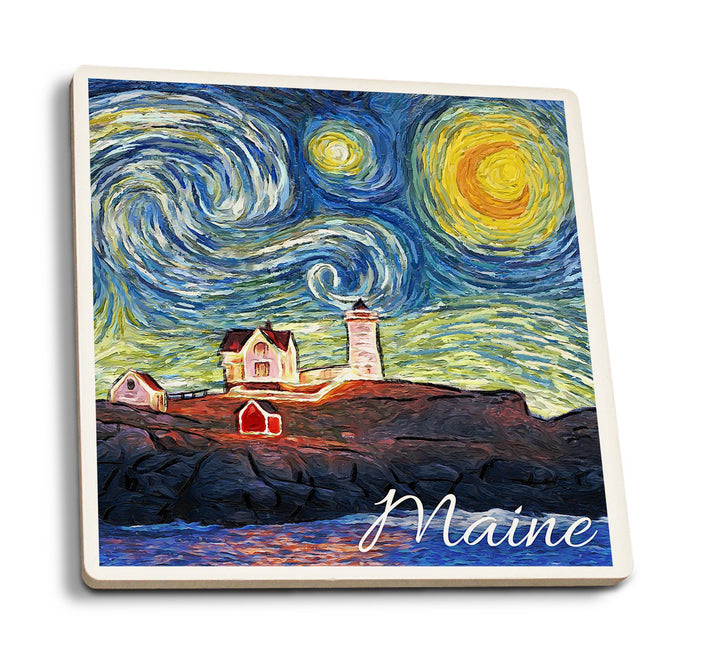 Maine, Lighthouse, Starry Night, Lantern Press Artwork, Coaster Set Coasters Lantern Press 
