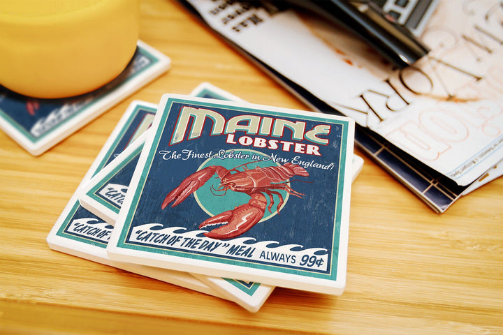 Maine, Lobster Vintage Sign, Lantern Press Artwork, Coaster Set Coasters Lantern Press 