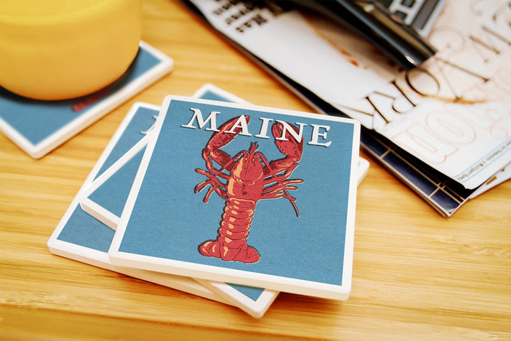 Maine, Lobster Woodblock, Lantern Press Artwork, Coaster Set Coasters Lantern Press 