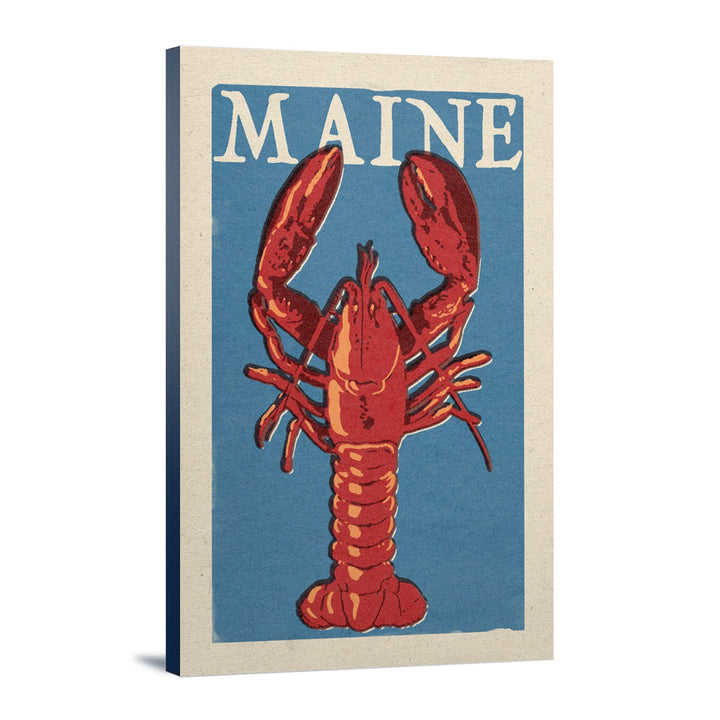 Maine, Lobster Woodblock, Lantern Press Artwork, Stretched Canvas Canvas Lantern Press 12x18 Stretched Canvas 