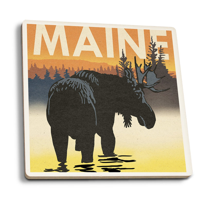 Maine, Moose at Dawn, Woodblock, Lantern Press Artwork, Coaster Set Coasters Lantern Press 