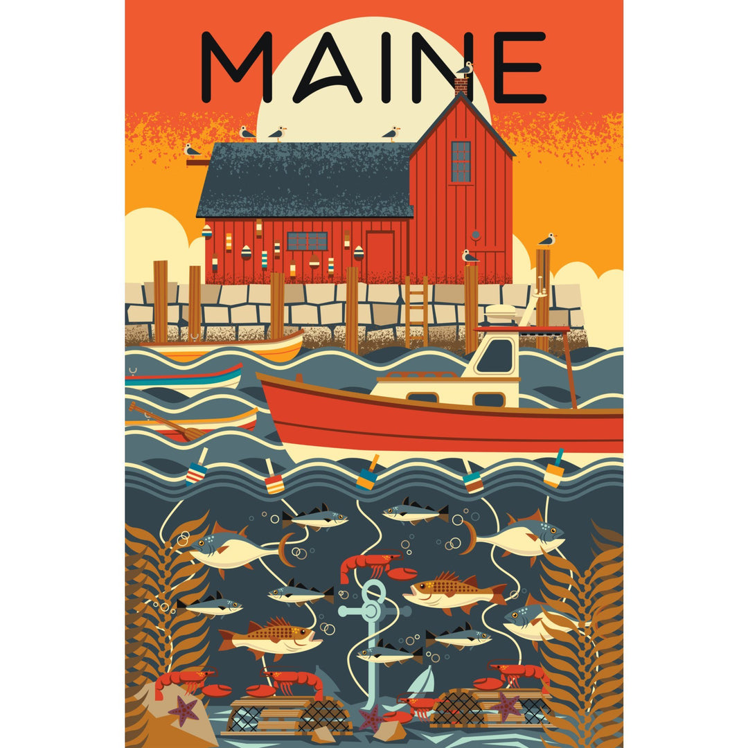 Maine, Nautical Geometric, Lantern Press Artwork, Stretched Canvas Canvas Lantern Press 