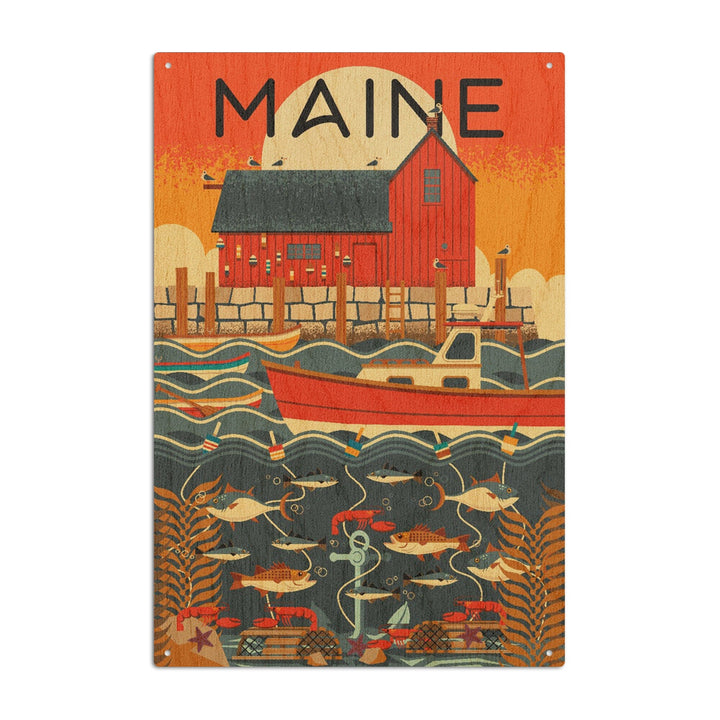 Maine, Nautical Geometric, Lantern Press Artwork, Wood Signs and Postcards Wood Lantern Press 10 x 15 Wood Sign 