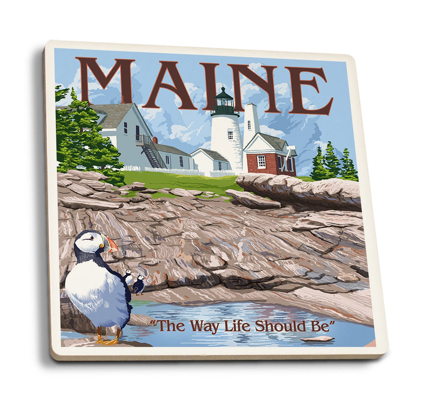 Maine, The Way Life Should Be, Lighthouse and Puffin, Lantern Press Artwork, Coaster Set Coasters Lantern Press 