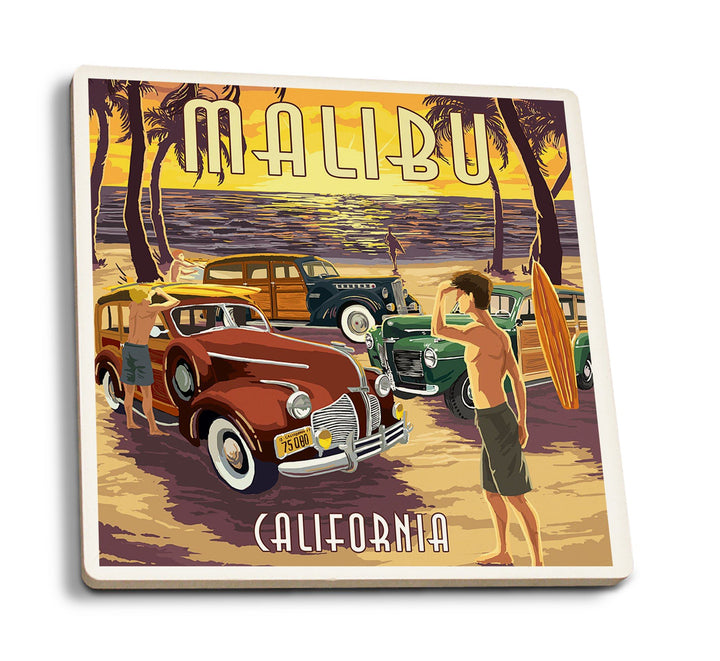 Malibu, California, Woodies on the Beach, Lantern Press Artwork, Coaster Set Coasters Lantern Press 