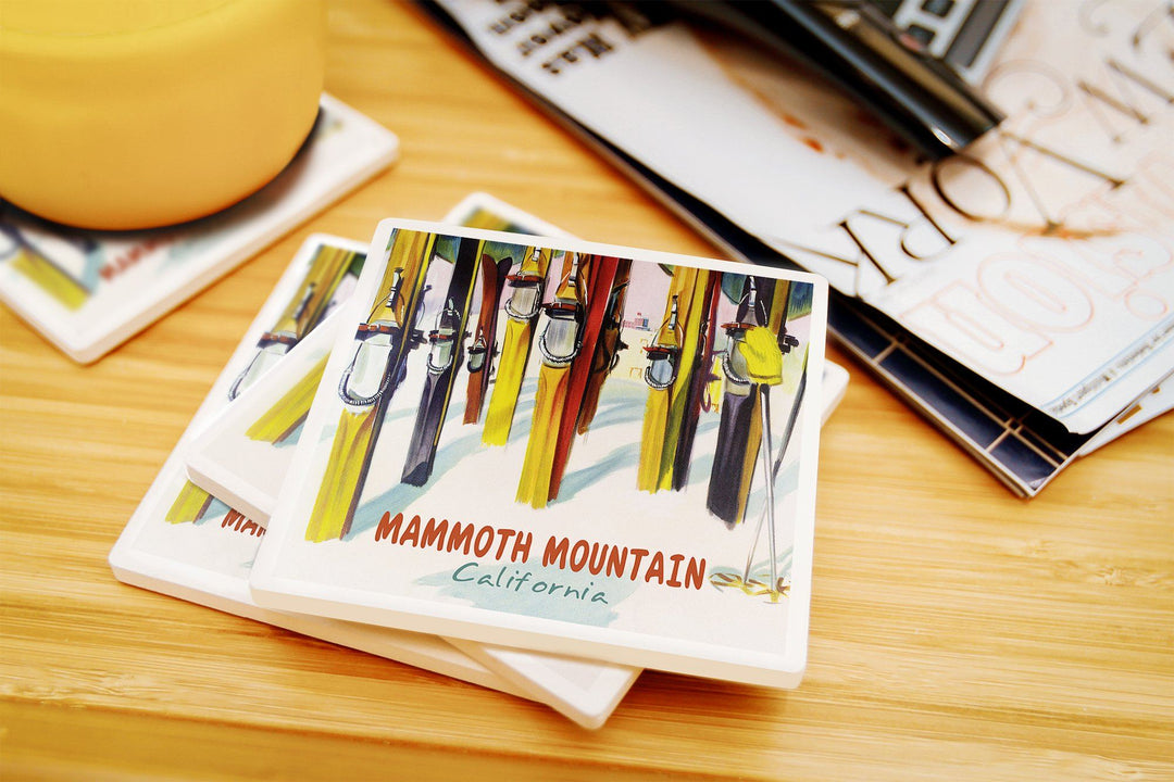 Mammoth Mountain, California, Colorful Skis, Lantern Press Artwork, Coaster Set Coasters Lantern Press 