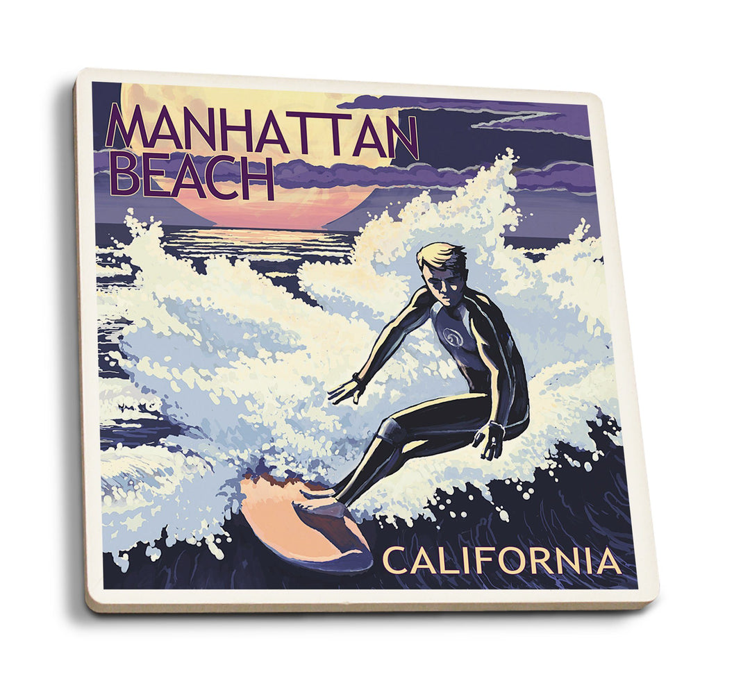 Manhattan Beach, California, Night Surfer, Lantern Press Artwork, Coaster Set Coasters Lantern Press 