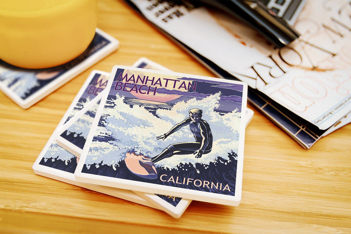 Manhattan Beach, California, Night Surfer, Lantern Press Artwork, Coaster Set Coasters Lantern Press 