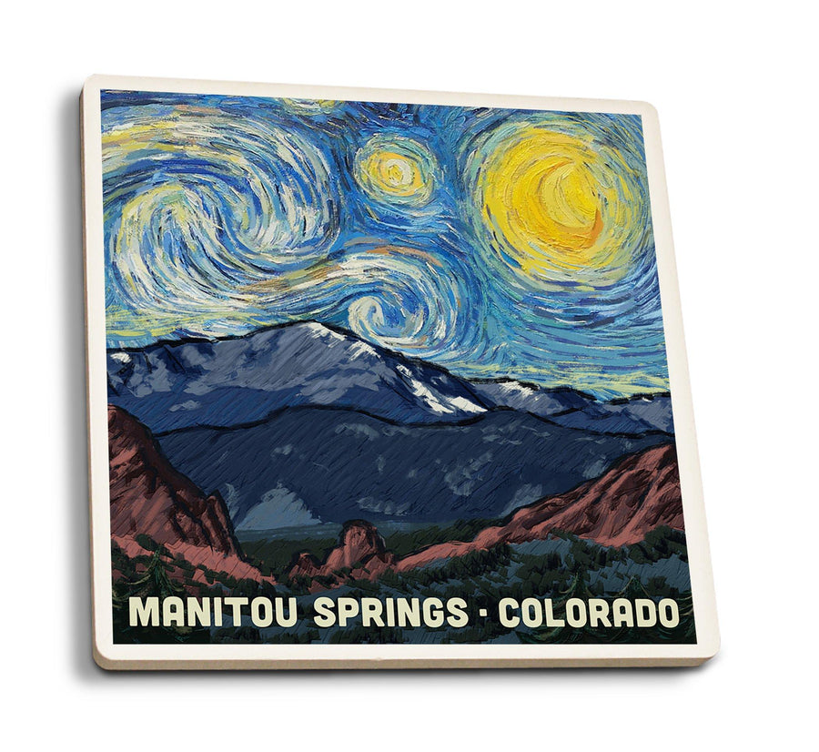 Manitou Springs, Colorado, Pikes Peak, Starry Night, Lantern Press Artwork, Coaster Set Coasters Lantern Press 