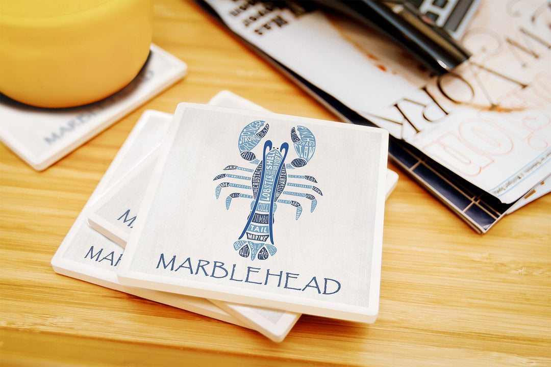 Marblehead, Massachusetts, Blue Lobster, Typography, Lantern Press Artwork, Coaster Set Coasters Lantern Press 
