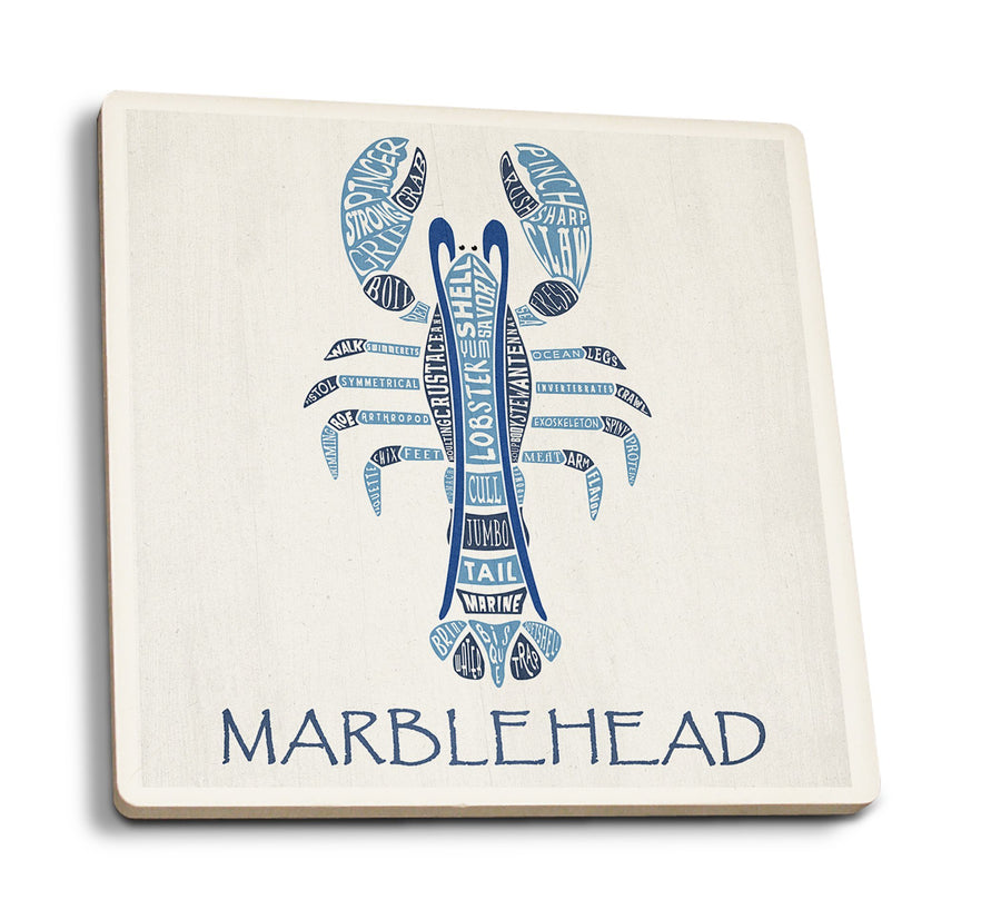 Marblehead, Massachusetts, Blue Lobster, Typography, Lantern Press Artwork, Coaster Set Coasters Lantern Press 