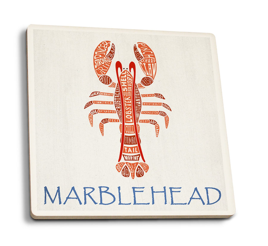 Marblehead, Massachusetts, Red Lobster, Typography, Lantern Press Artwork, Coaster Set Coasters Lantern Press 