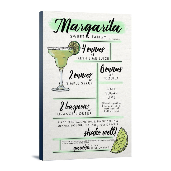 Margarita, Cocktail Recipe, Lantern Press Artwork, Stretched Canvas Canvas Lantern Press 16x24 Stretched Canvas 