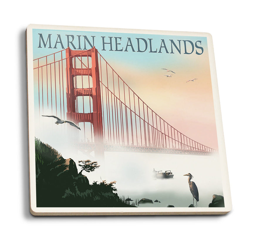 Marin Headlands, California, Golden Gate Bridge in Fog, Lantern Press Artwork, Coaster Set Coasters Lantern Press 