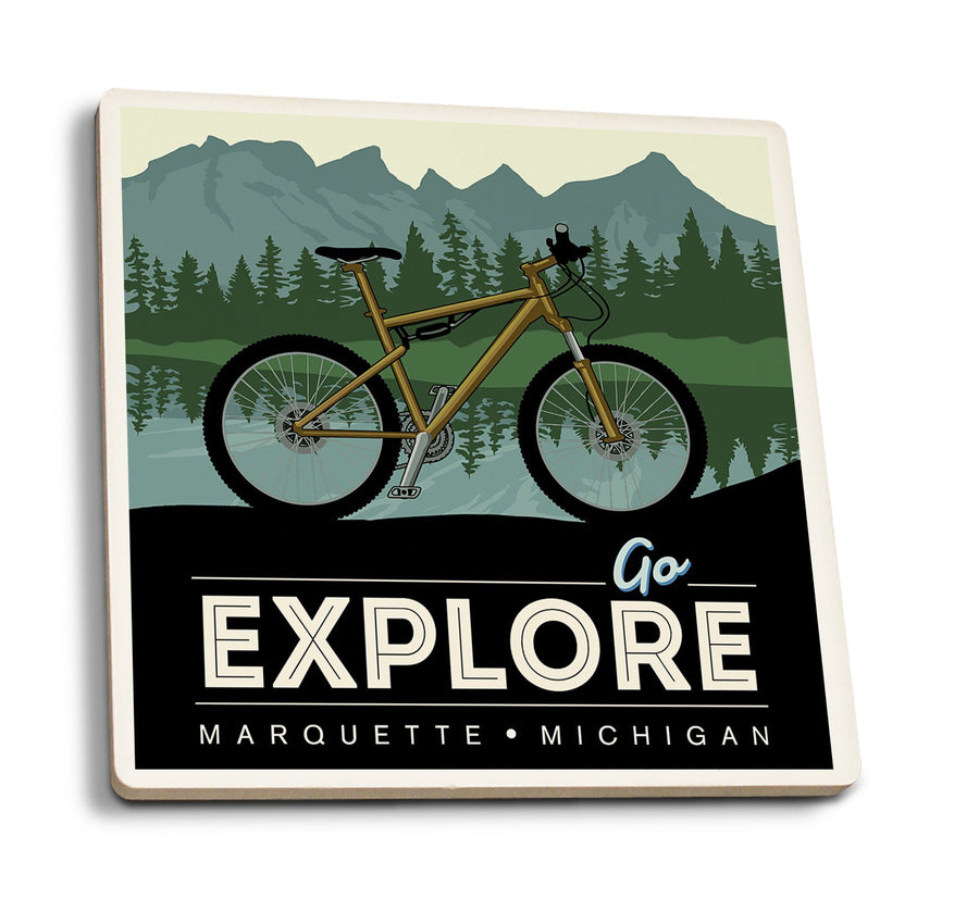 Marquette, Michigan, Go Explore, Bike, Lantern Press Artwork, Coaster Set Coasters Lantern Press 