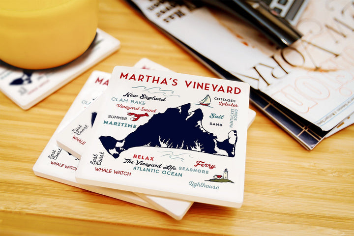 Martha's Vineyard, Massachusetts, Typography & Icons, Lantern Press Artwork, Coaster Set Coasters Lantern Press 
