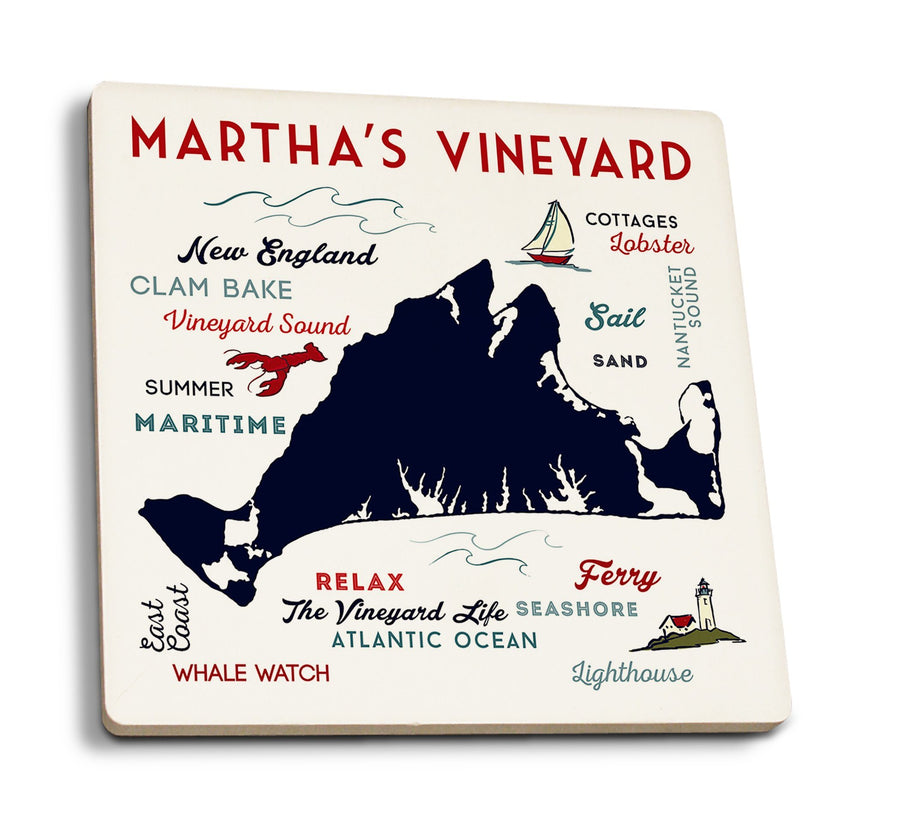 Martha's Vineyard, Massachusetts, Typography & Icons, Lantern Press Artwork, Coaster Set Coasters Lantern Press 