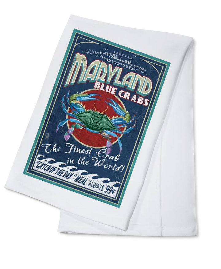 Maryland, Blue Crabs Vintage Sign, Lantern Press Artwork, Towels and Aprons Kitchen Lantern Press Cotton Towel 