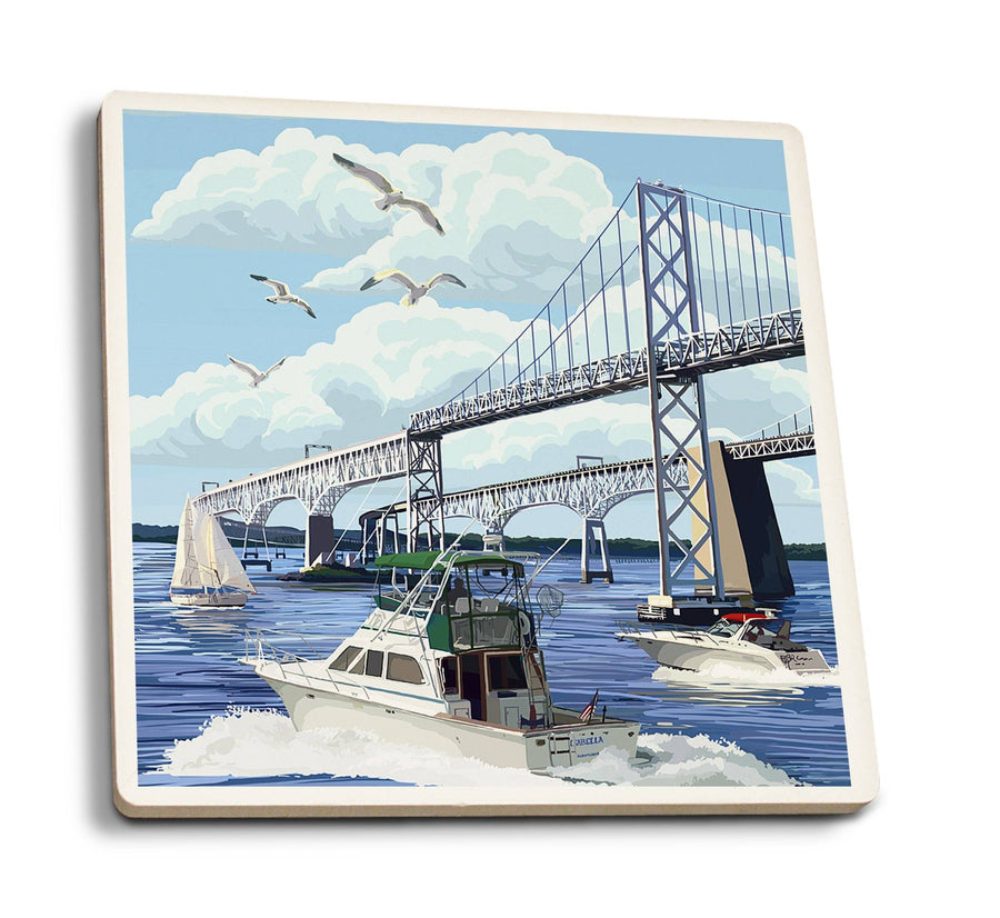 Maryland, Chesapeake Bay Bridge, Lantern Press Artwork, Coaster Set Coasters Lantern Press 
