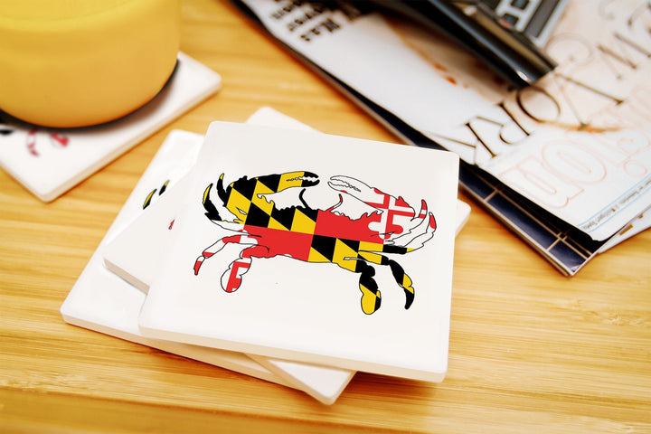 Maryland, Crab Flag (white background), Lantern Press Artwork, Coaster Set Coasters Lantern Press 