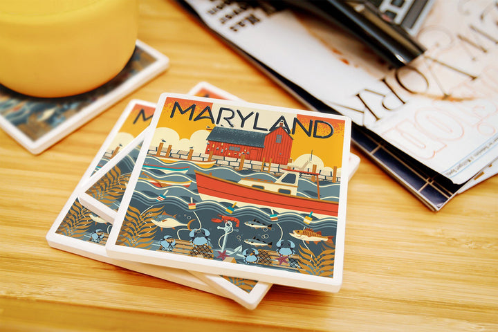 Maryland, Geometric, Lantern Press Artwork, Coaster Set Coasters Lantern Press 