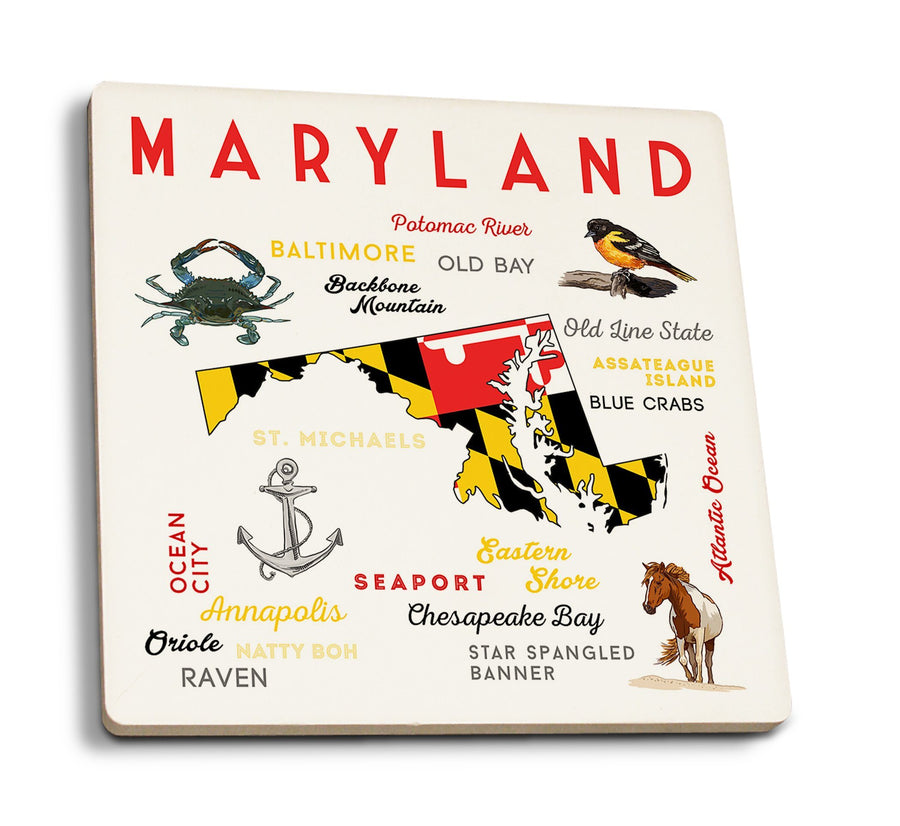 Maryland, Typography & Icons, Lantern Press Artwork, Coaster Set Coasters Lantern Press 