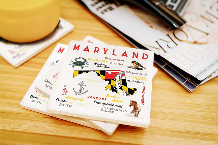 Maryland, Typography & Icons, Lantern Press Artwork, Coaster Set Coasters Lantern Press 