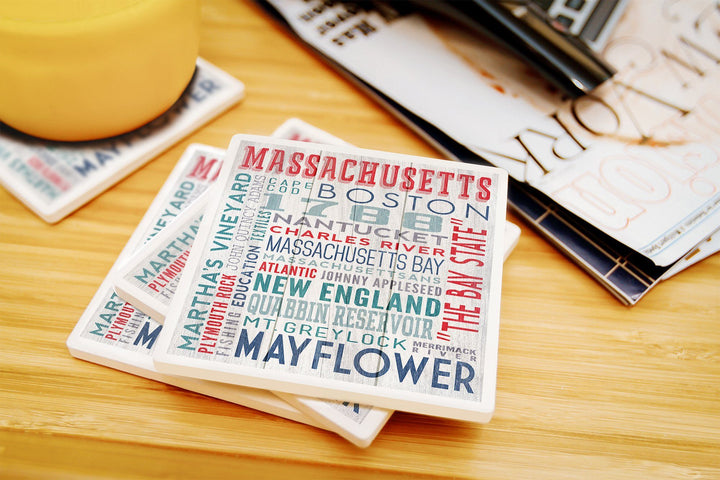 Massachusetts, Rustic Typography, Lantern Press Artwork, Coaster Set Coasters Lantern Press 