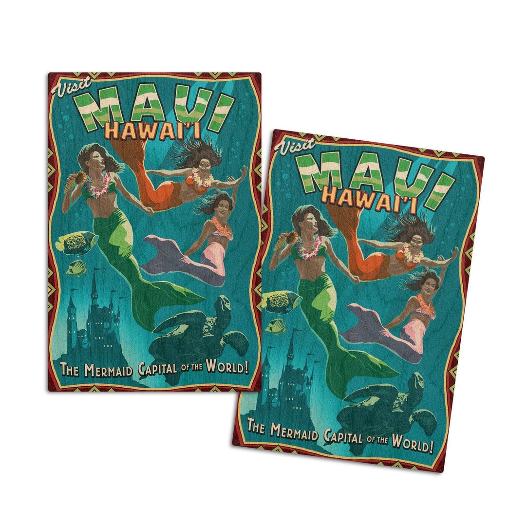 Maui, Hawaii, Mermaid Vintage Sign, Lantern Press Artwork, Wood Signs and Postcards Wood Lantern Press 4x6 Wood Postcard Set 