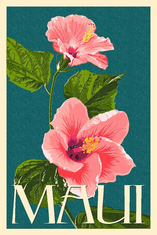 Maui, Hawaii, Pink Hibiscus Flower Letterpress, Lantern Press Artwork, Art Prints and Metal Signs Art Lantern Press 12 x 18 Art Print 