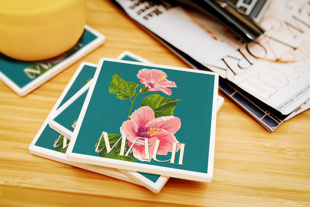 Maui, Hawaii, Pink Hibiscus Flower Letterpress, Lantern Press Artwork, Coaster Set Coasters Lantern Press 