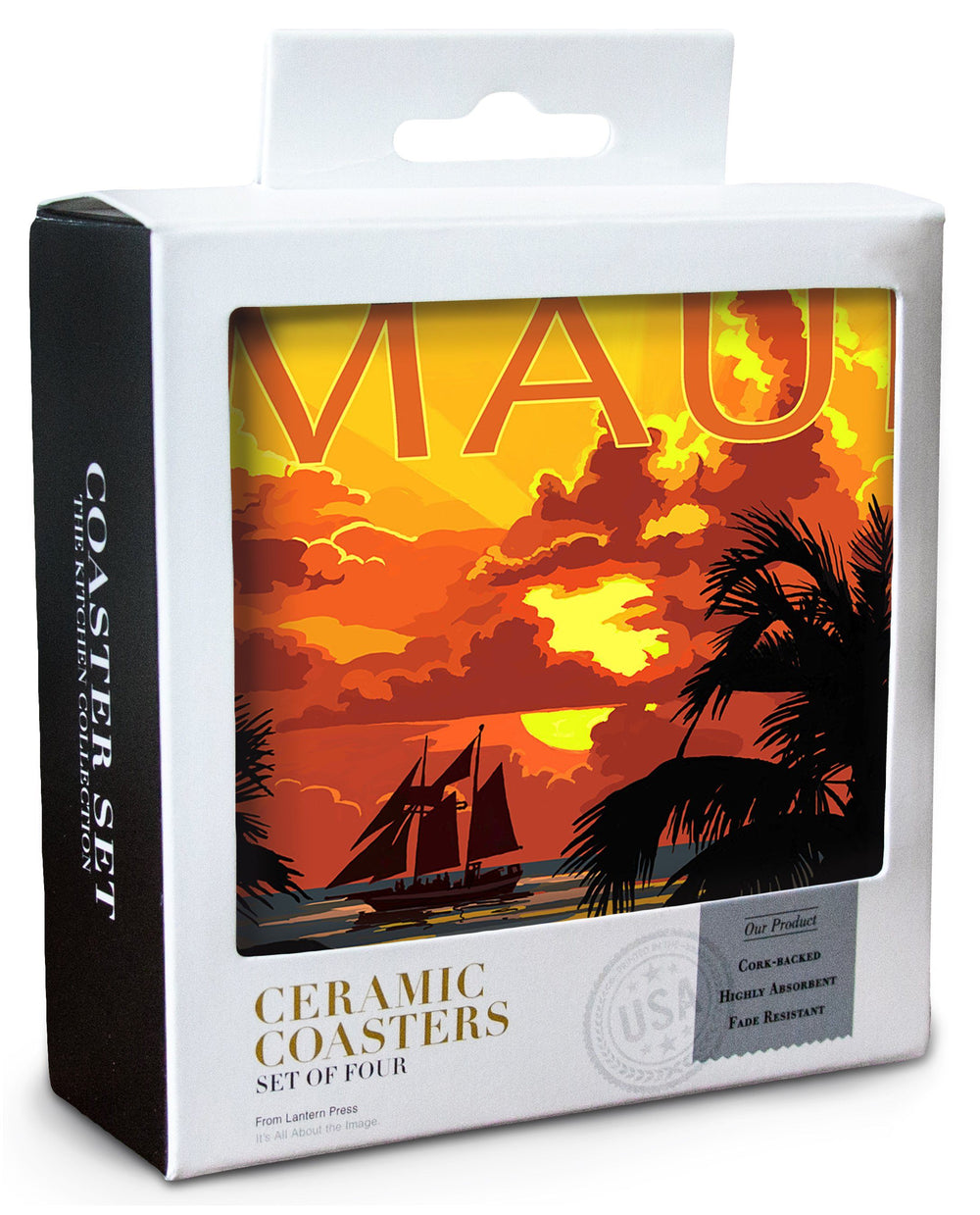 Maui, Hawaii, Sunset & Ship, Lantern Press Artwork, Coaster Set Coasters Lantern Press 